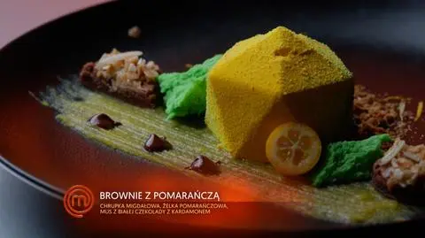 Ewelina Matrejek: Monoporcja na brownie z pomarańczą, chrupką migdałową, żelką pomarańczową i musem cynamonowo-kardamonowym