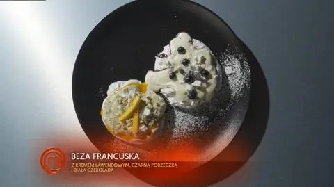 Ewelina Matrejek: Beza z Kremem Lawendowym i Musem z Czarnej Porzeczki oraz Beza z Kremem Pistacjowym, Musem z Mango i Marakui