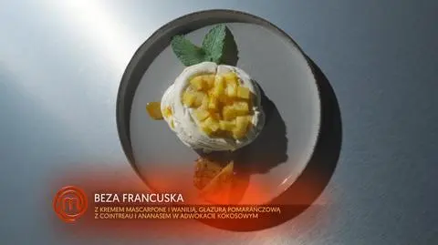 Adrian Królikowski: Torcik bezowy z kremem mascarpone, glazurowanymi skórkami z pomarańczy i sosem ananasowo-kokosowym