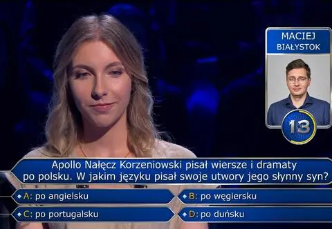 "Milionerzy". Apollo Nałęcz Korzeniowski — w jakim języku pisał utwory jego słynny syn? 