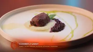 Comber z sarny z aksamitnym purée z selera i gruszki, frużeliną jeżynową z nutą octu winnego czerwonego.
