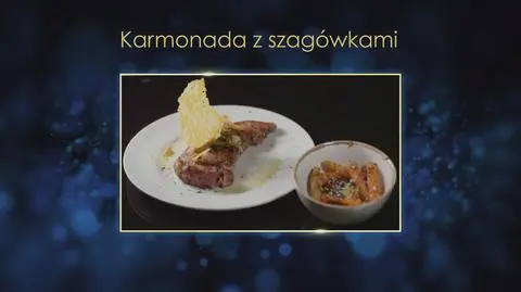 Aneta i Bartek: Karmonada z szagówkami, czyli schab z kością i skórą ze świnki złotnickiej robiony metodą sous vide z chipsem z sera Emilgrana, podany z kopytkami i marchewkami w maśle orzechowym z sezamem