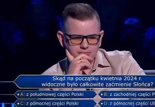 "Milionerzy", odcinek 773. Pytanie o całkowite zaćmienie Słońca. Konrad zdał się na intuicję