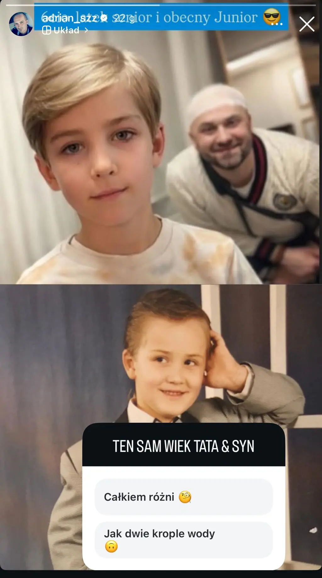 Syn Adriana Szymaniaka, a na dole Adrian Szymaniak w dzieciństwie