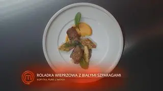 Polędwiczka Wieprzowa Nadziewana Białymi Szparagami z Kopytkami i Puree z Batata