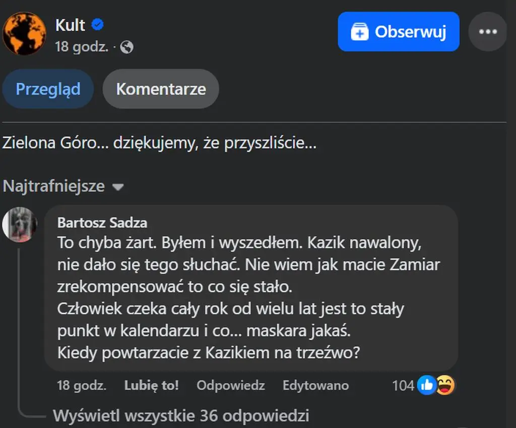 Komentarz dotyczący koncertu Kultu