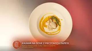 Smażone kalmary z purée z pieczonej papryki i czosnku, fondue ziemniaczanym i purée z białych warzyw