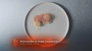 Przegrzebki smażone na maśle z puree z kalafiora i pora, z pianką z pomidora i agrestu