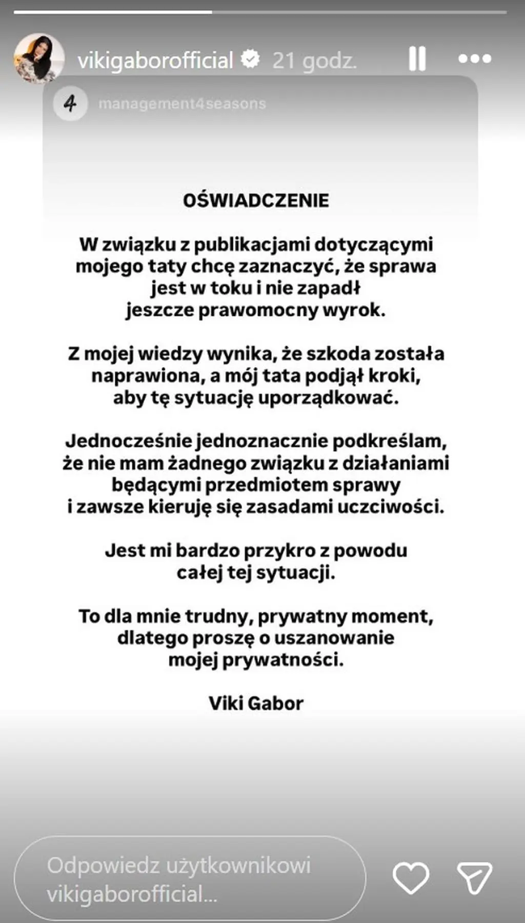 Oświadczenie Viki Gabor