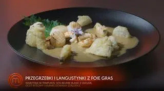 Fusion Francusko-Japońskie: Przegrzebki i Langustynki na Foie Gras z Sosem Beurre Blanc z Wasabi i Herbatą oraz Warzywa w Tempurze