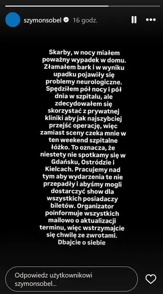 Sobel odwołuje zaplanowane koncerty