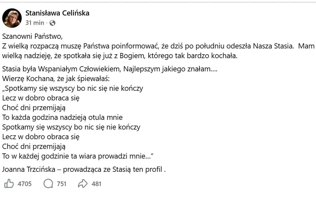 Nie żyje Stanisława Celińska