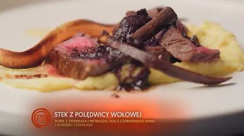  
Miłosz Wojtas: Stek z polędwicy wołowej z sosem z czerwonego wina i czekolady na puree z ziemniaków i selera z chipsem z pietruszki 