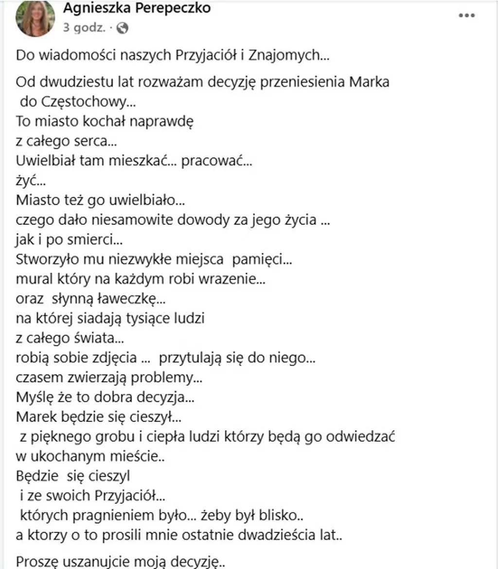 Screen wpisu Agnieszki Fitkau-Perepeczko na Facebooku
