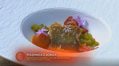 Anna Jaworska: Polędwica z dorsza z macerowanymi pomidorami, sosem oliwnym i zieloną papryką