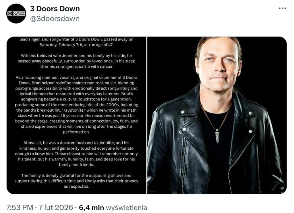Brad Arnold nie żyje