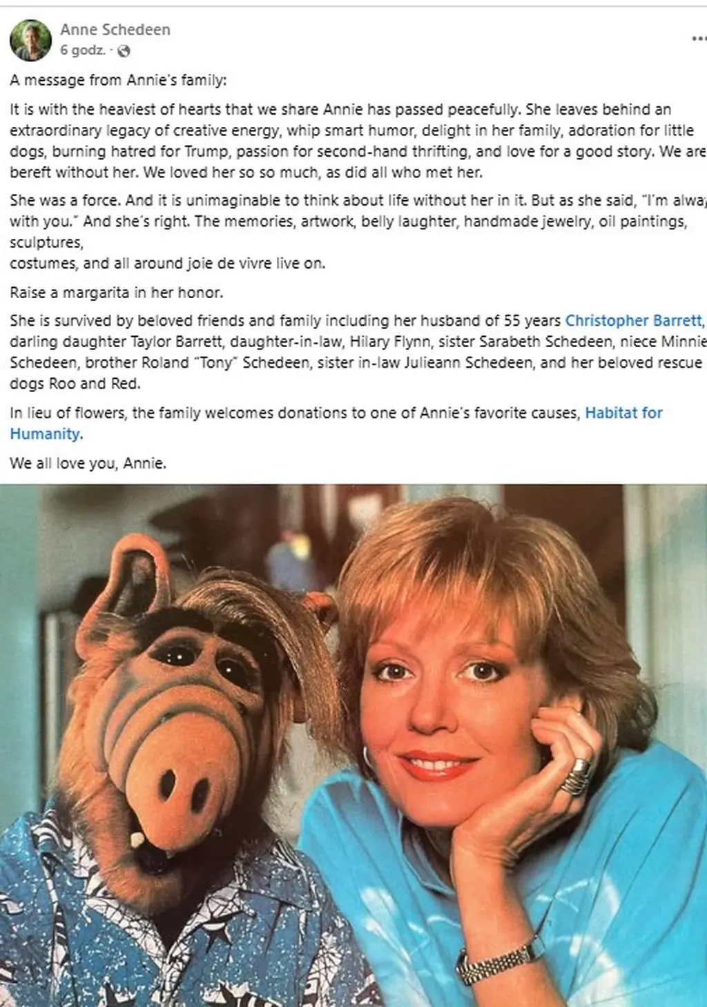 Anne Schedeen zmarła w wieku 77 lat