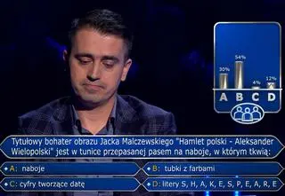 "Milionerzy". Tytułowy bohater obrazu Jacka Malczewskiego jest w tunice przepasanej pasem na naboje, w którym tkwią...?