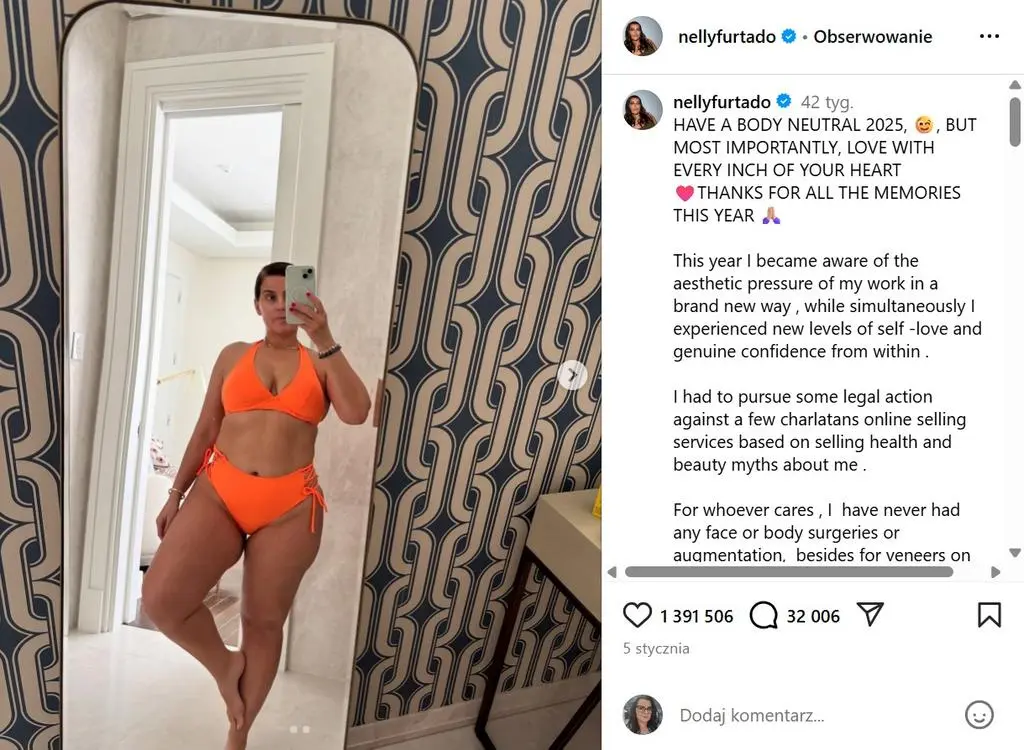 Screen wpisu Nelly Furtado na Instagramie