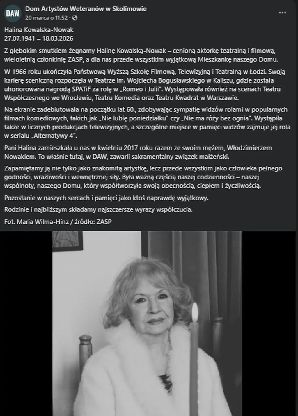 Oświadczenie Domu Artystów Weteranów Scen Polskich w Skolimowie