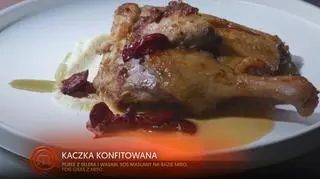 Konfitowana kaczka z puree z selera i wasabi, sosem miso z wodorostami oraz wiśniami z imbirem