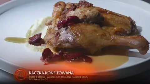Julia Cichocka: Konfitowana kaczka z puree z selera i wasabi, sosem miso z wodorostami oraz wiśniami z imbirem