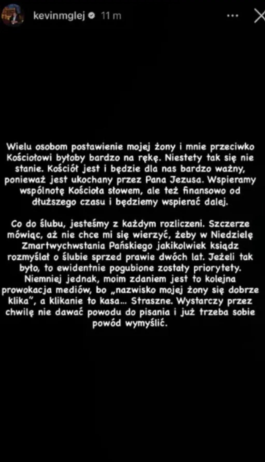 Kevin Mglej zabrał głos ws. rzekomych nieuregulowanych płatności za ślub