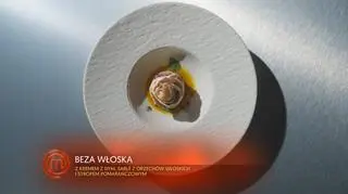 Dyniowy krem korzenny z sable orzechowym, bezą włoską i sosem Cointreau