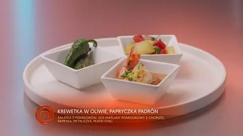 Krewetki al ajillo z maślanym pomidorowym sosem chorizo, Pimientos de Padron i Andaluzyjska sałatka z żółtym pomidorem i papryką
