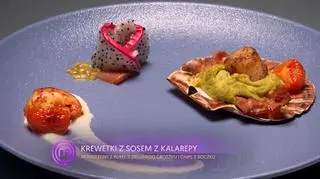 Bartosz Pastuszak: Atlantyda (Przegrzebka z puree z gruszki, bekonowym chipsem i grillowanym pomidorkiem koktajlowym. Krewetka z sosem a’la, puree z oberbiby (kalarepy) i grillowany pomidorek)