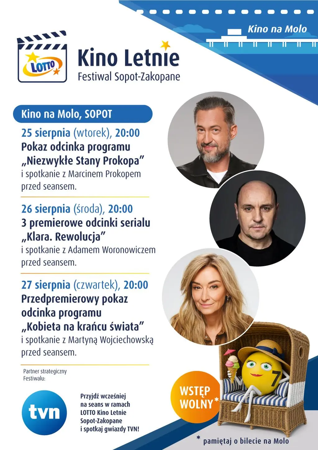 Marcin Prokop, Adam Woronowicz i Martyna Wojciechowska gośćmi sopockiego Mola i specjalnych wieczorów podczas 19. edycji Festiwalu LOTTO Kino Letnie Sopot-Zakopane
