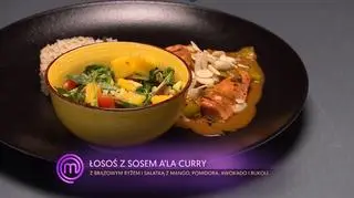 Marta Kornacka: Łosoś z sosem curry, aromatycznym ryżem i sałatką z mango i awokado oraz smoothie bananowo-truskawkowe