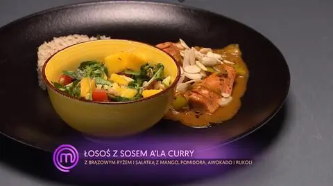 Marta Kornacka: Łosoś z sosem curry, aromatycznym ryżem i sałatką z mango i awokado oraz smoothie bananowo-truskawkowe