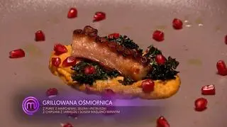 Ola Sopella: Ośmiornica z puree z pieczonych warzyw, sosem maślano winnym oraz chipsami z jarmużu
