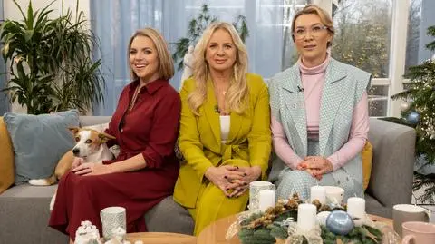 Aleksandra Kwaśniewska z Lulą, Marzena Rogalska i Olga Legosz na planie świątecznego odcinka "Miasta Kobiet"