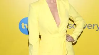 Izabela Janachowska w żółtym garniturze na jesiennej konferencji TVN w 2018 roku
