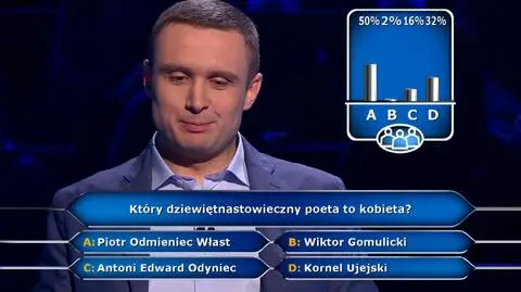 Milionerzy: Który poeta był kobietą? Dzięki publiczności Adam gra dalej!