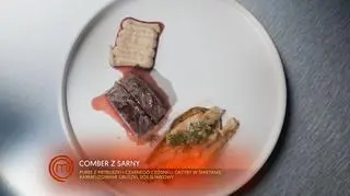 Gracjan Stawski: Comber z sarny sous-vide, kiełbasa z orzechami włoskimi i rozmarynem, puree z pietruszki i czarnego czosnku, kurki w śmietanie, karmelizowana gruszka