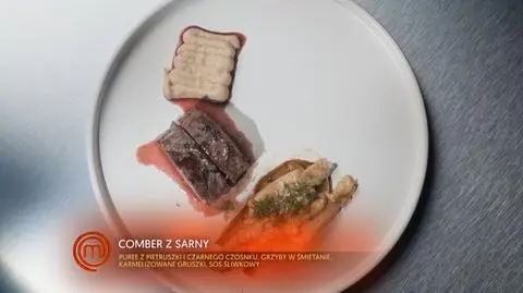Gracjan Stawski: Comber z sarny sous-vide, kiełbasa z orzechami włoskimi i rozmarynem, puree z pietruszki i czarnego czosnku, kurki w śmietanie, karmelizowana gruszka