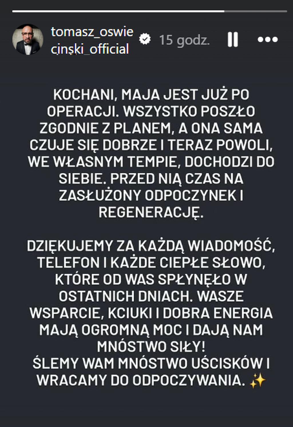 Tomasz Oświeciński przekazał informację na temat operacji córki