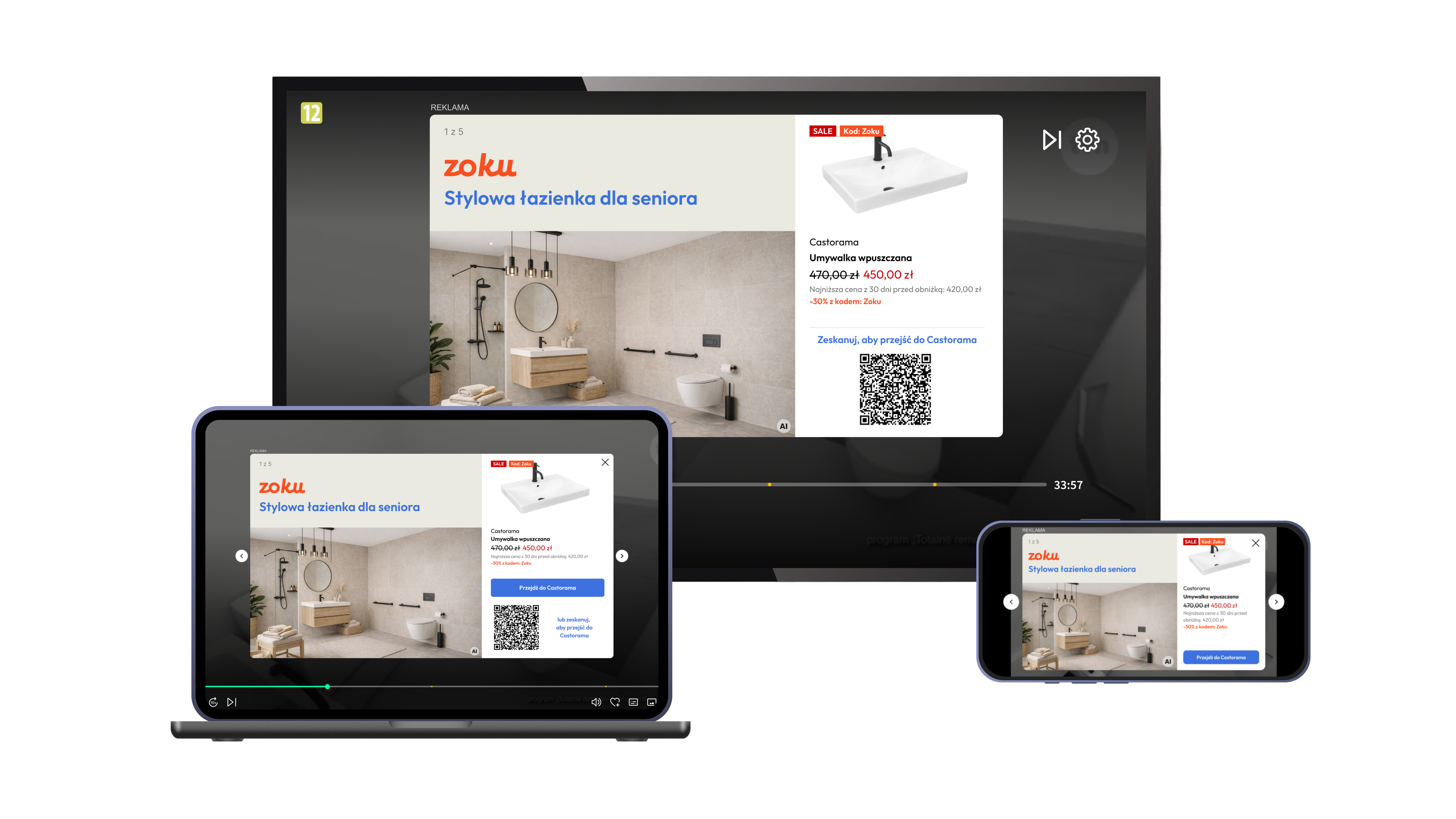 Reklama produktowa Zoku na telewizorze, laptopie i telefonie