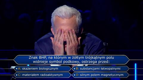 Przed czym ostrzega znak BHP? Hubert zakrył oczy, zaznaczając odpowiedź na pytanie za 250 tys. zł